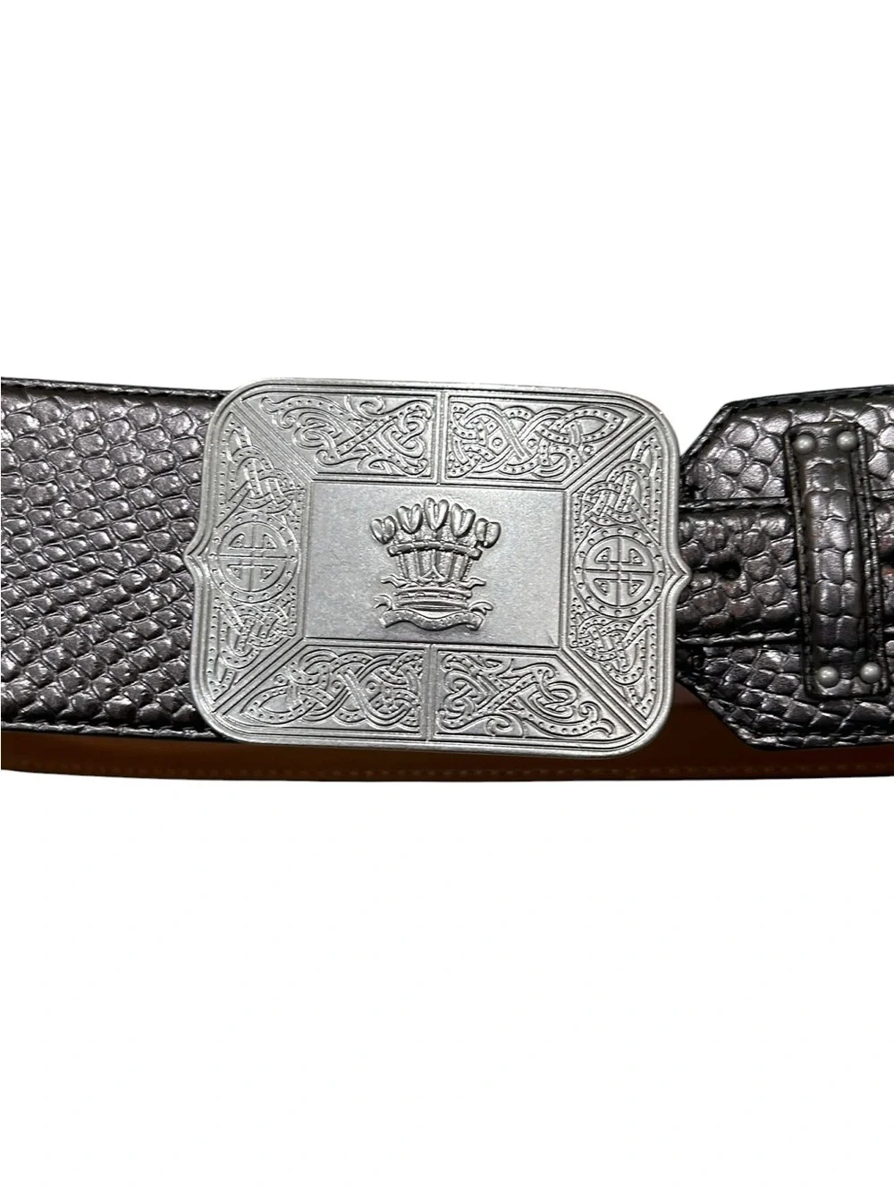 Lauren Ralph Lauren Leather Belt gunmetal textured Embossed silver Buckle medium